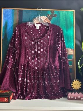 Style & Co Burgundy Boho Floral Bell Sleeve Peasant Top Size M